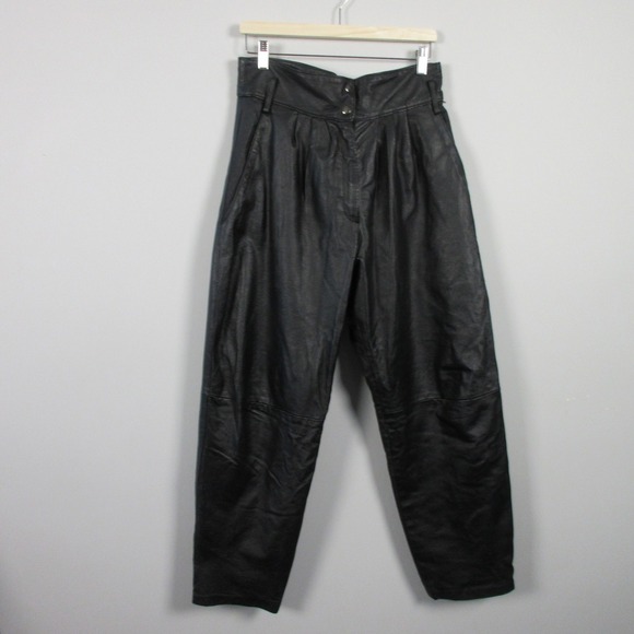 Pelle Cuir Genuine Leather Pants Women 14 Black High Waist Pleated vtg y2k - Picture 1 of 13